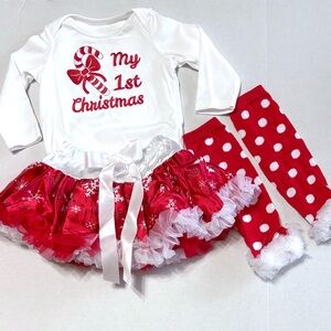 NWOT My 1st Christmas Outfit with Red Tulle Tutu & Polka Dot Leg Warmers 9-12 mo